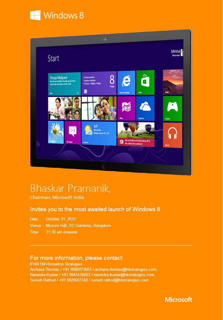 Windows 8 Launch in India Event invitation