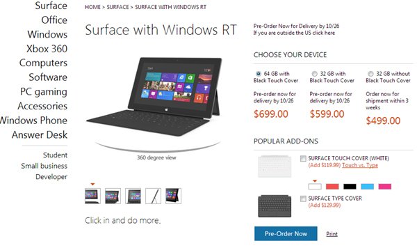 Microsoft Surface prebooking at MicrosoftStore