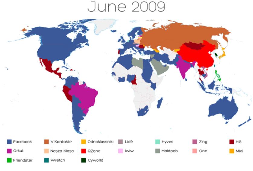 world map of social media networks june 2009