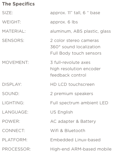 Jibo Robot Specs